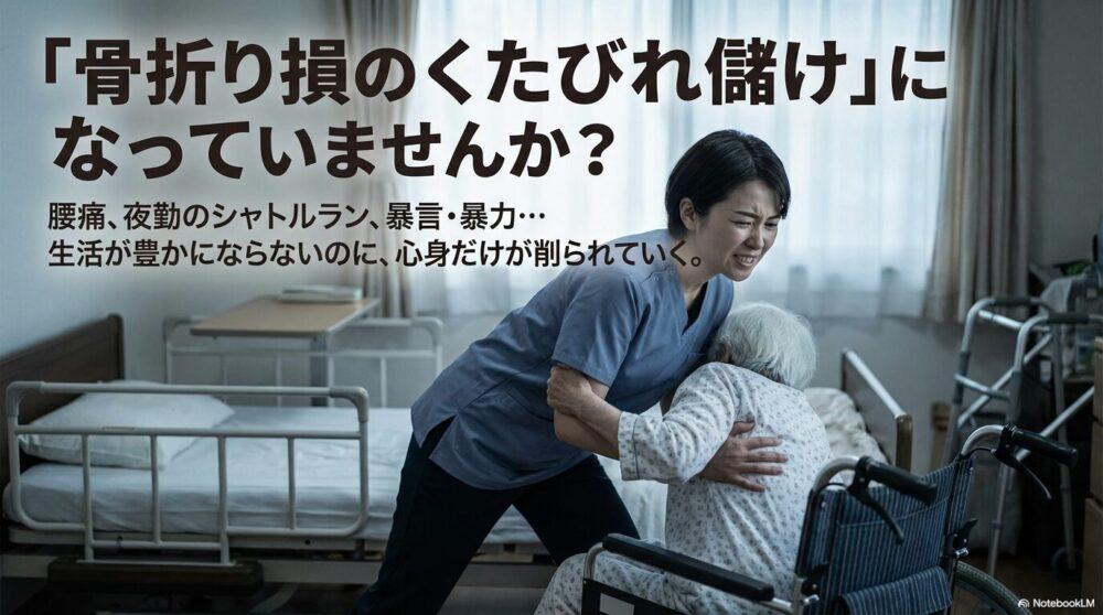 骨折り損のくたびれ儲けで介護の業務が大変なのに賃金が少なくてくたびれることを説明する図解