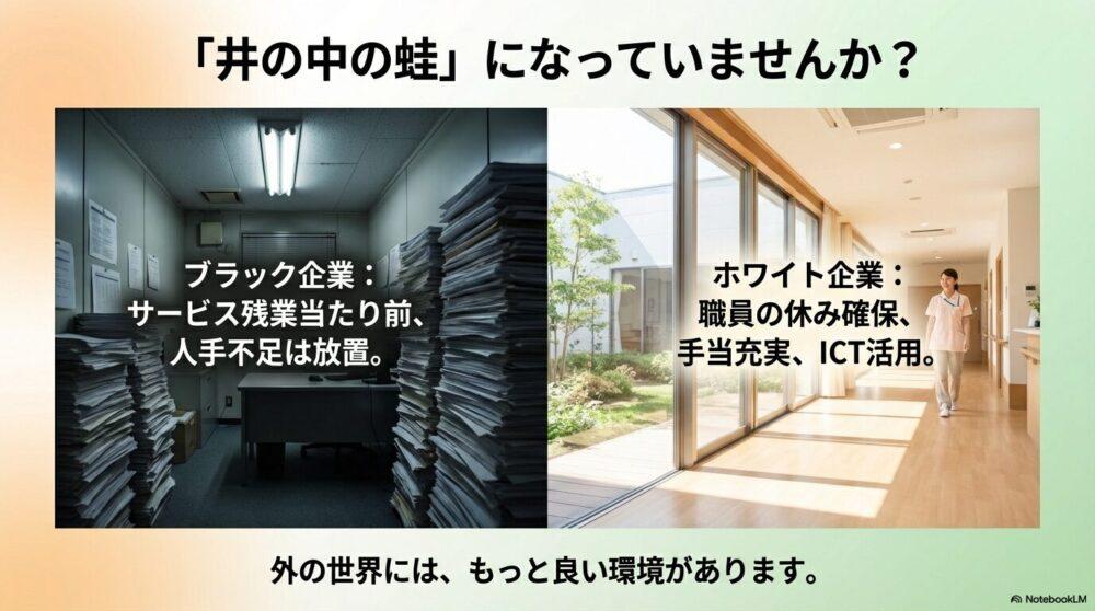 井の中の蛙でブラック企業とホワイト企業を説明する図解