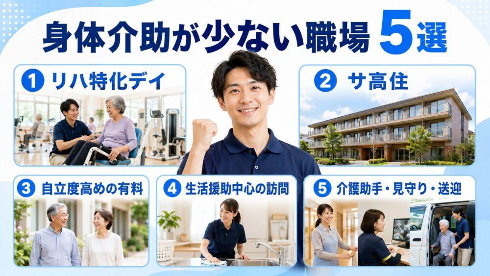 身体介助が少い介護施設・職場5選を紹介する画像