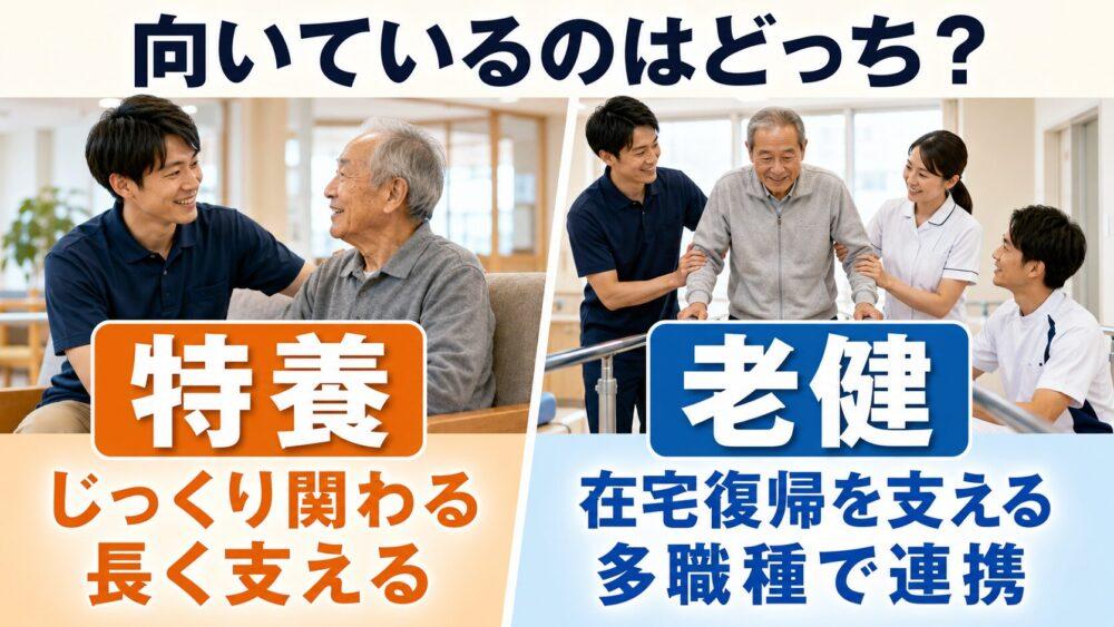 結論|じっくり関わるなら特養、多職種で在宅復帰を支えるなら老健を説明する画像