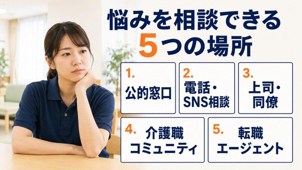 介護職の悩みを相談できる場所5選を説明する画像