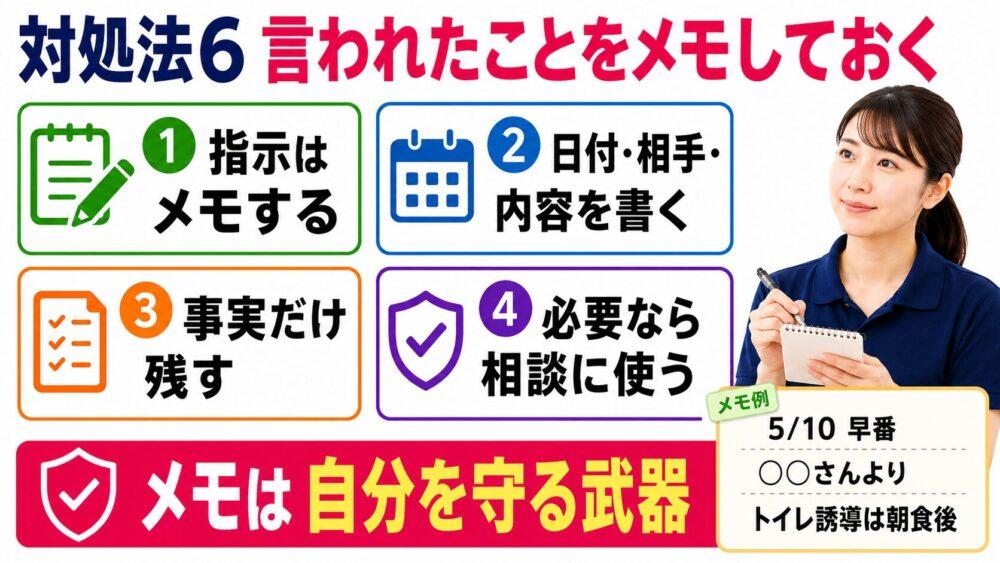 お局介護職の対処法:言われたことをメモしておくを説明する画像