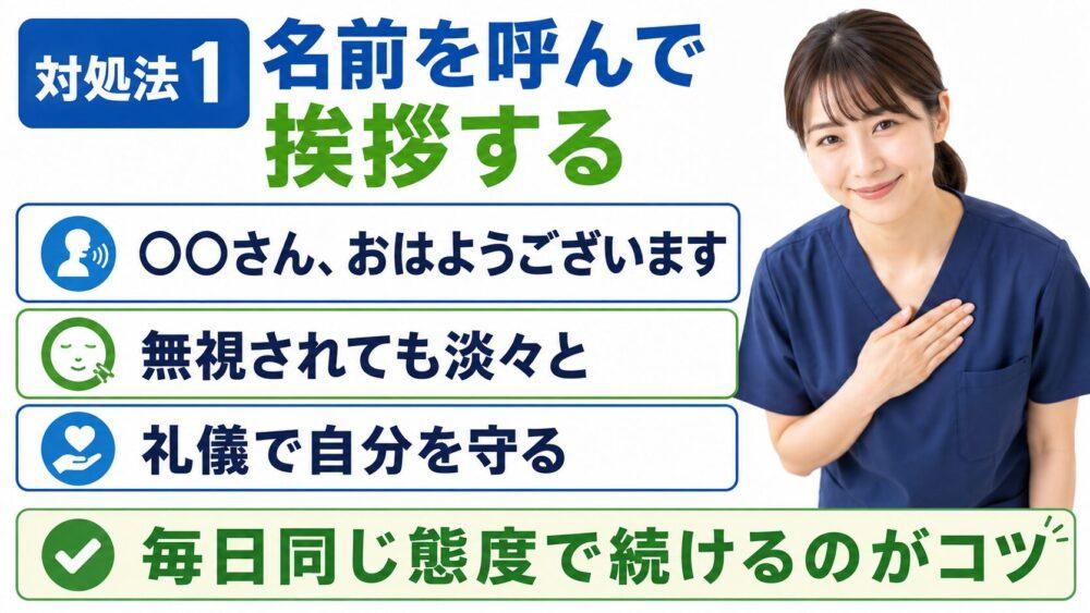 お局介護職の対処法:名前を呼んで挨拶するを説明する画像