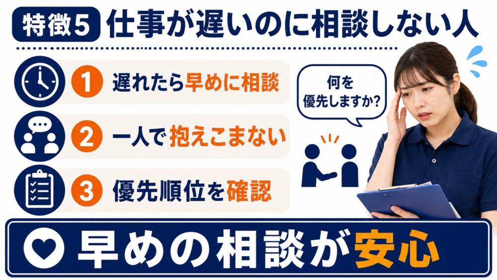 お局に狙われやすい人の特徴【仕事が遅いのに相談しない人】を説明する画像