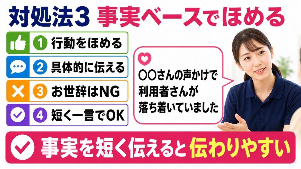 お局介護職の対処法:事実ベースでほめるを説明する画像