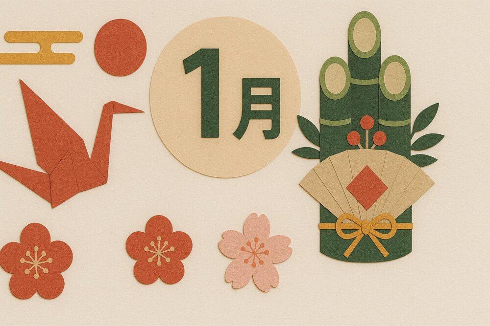 介護施設1月の壁飾り：お正月①「門松 × 鶴 × 梅」