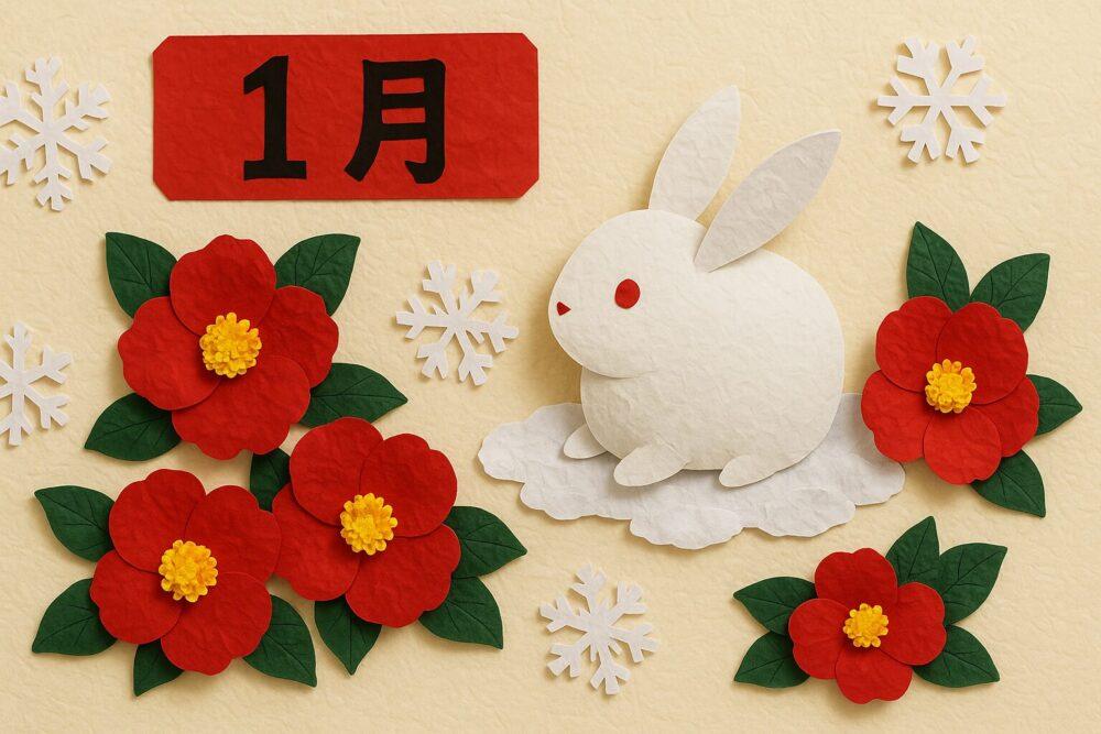 介護施設1月の壁飾り:雪うさぎと椿