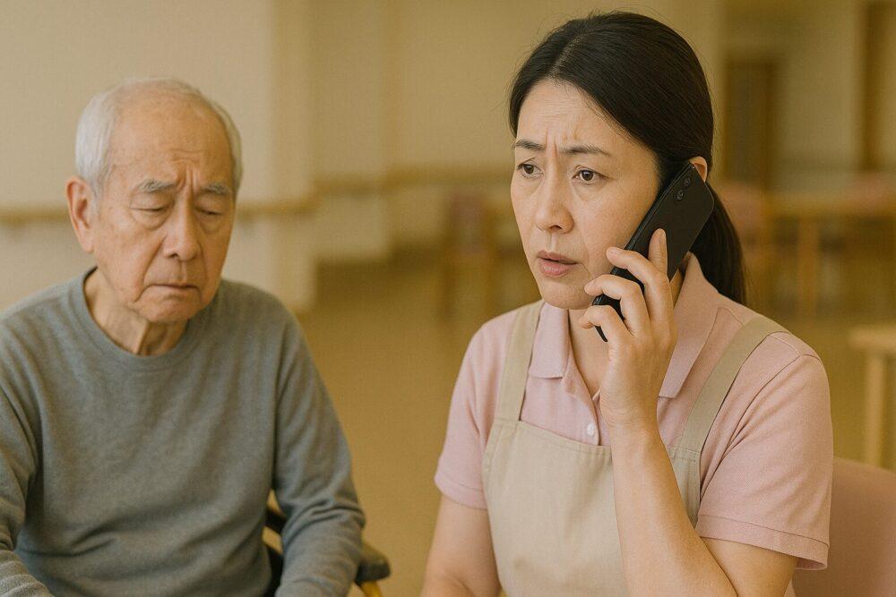 利用者さんの容態を看護師に連絡している介護士のイメージ画像