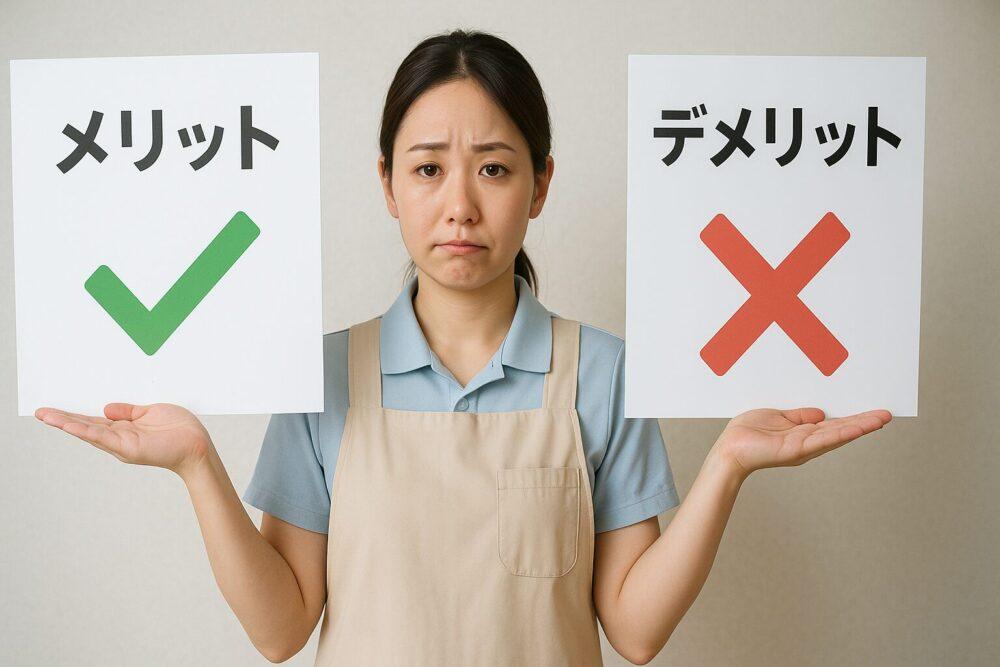 メリットとデメリットを比較する介護士のイメージ画像