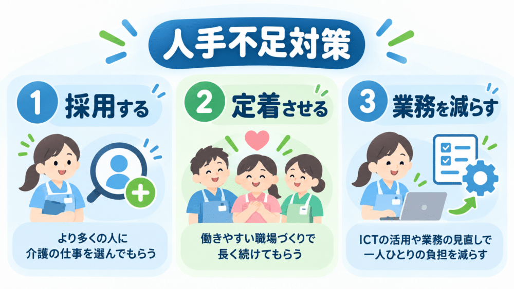 人手不足対策は採用・定着・業務削減の3方向