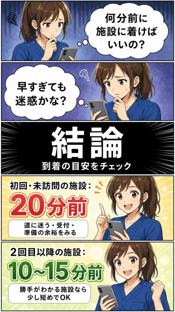 カイテクでは何分前に施設に着けばいいの？、早すぎても迷惑かな？と不安になる女性と結論を初回・未訪問の施設：20分前、2回目以降の施設：10〜15分前を説明する画像