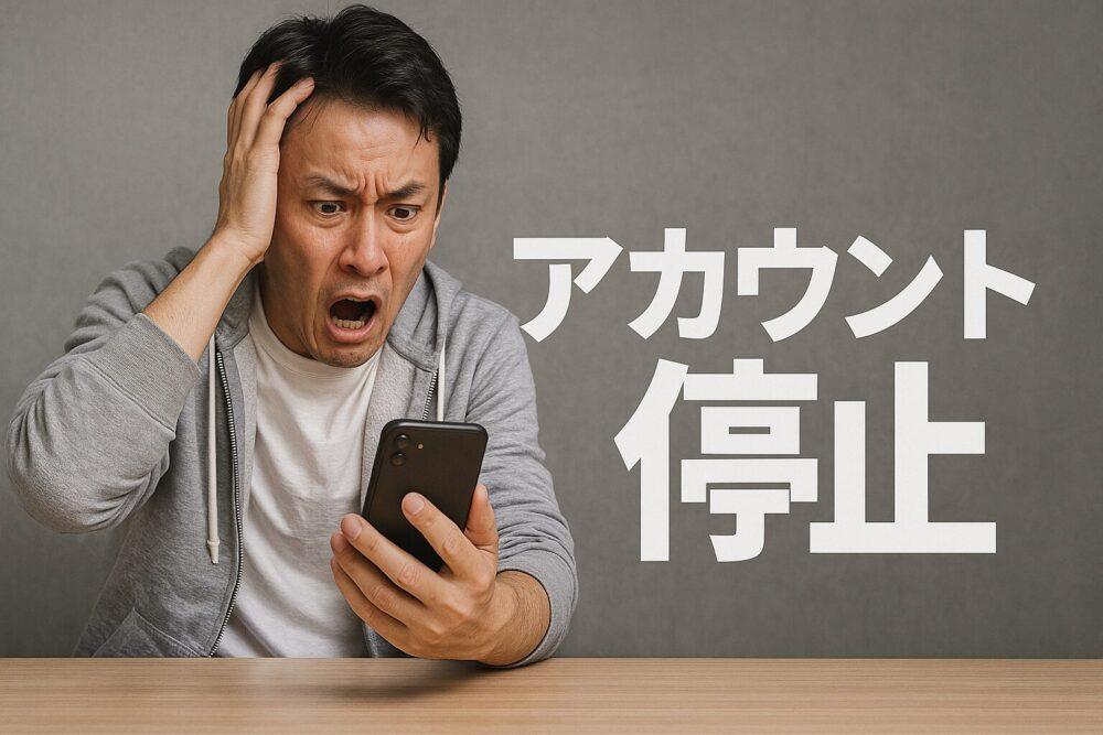 アカウント停止になって驚く男性のイメージ画像