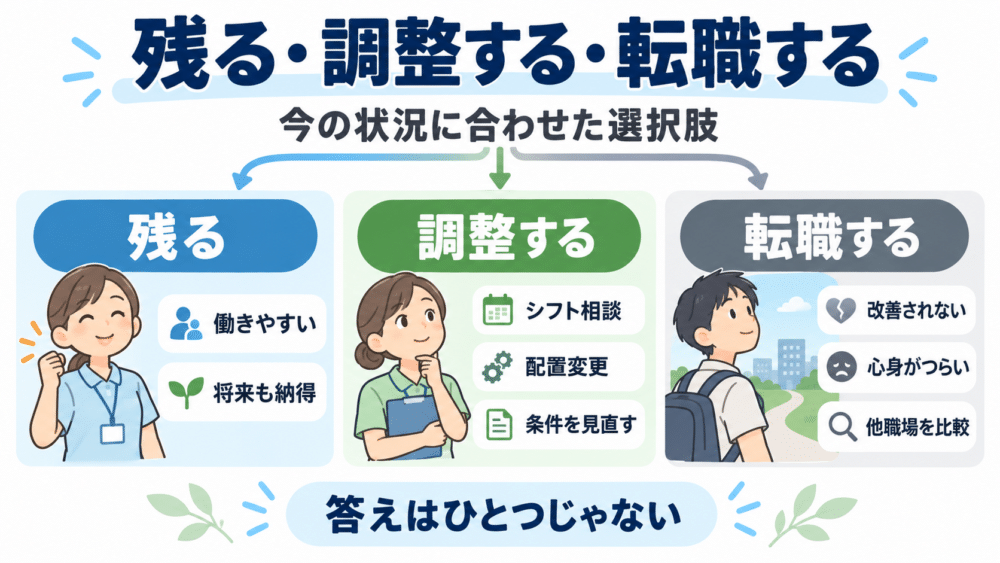 【残る・調整する・職場を変える選択肢の整理図】