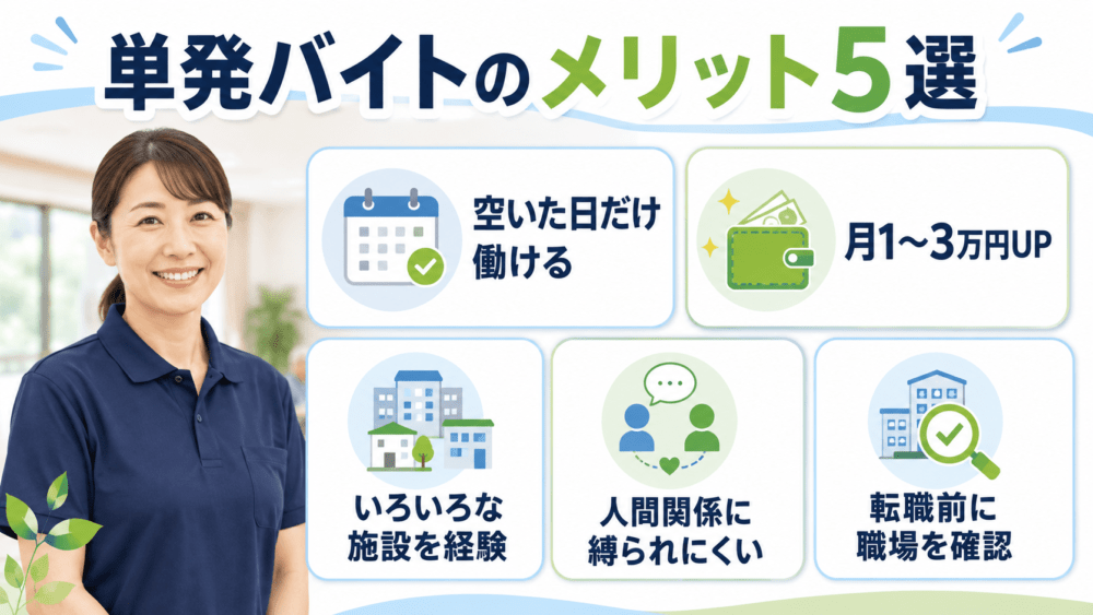 介護職が単発バイトをするメリット5選を説明する図解
