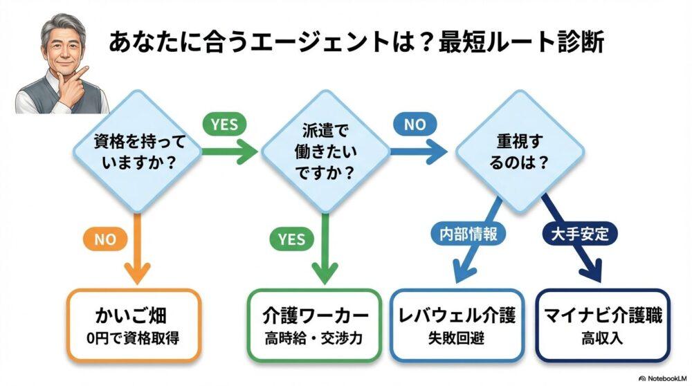 介護職の転職エージェントの診断ルート図解
