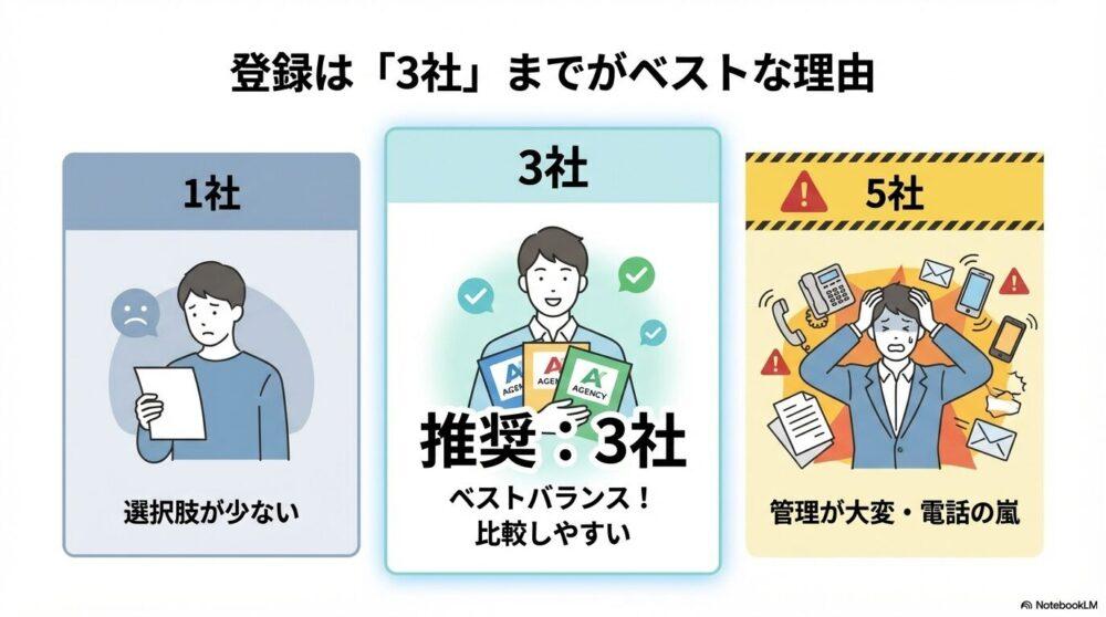 介護職の転職エージェントの登録が3社までがベストな理由の図解