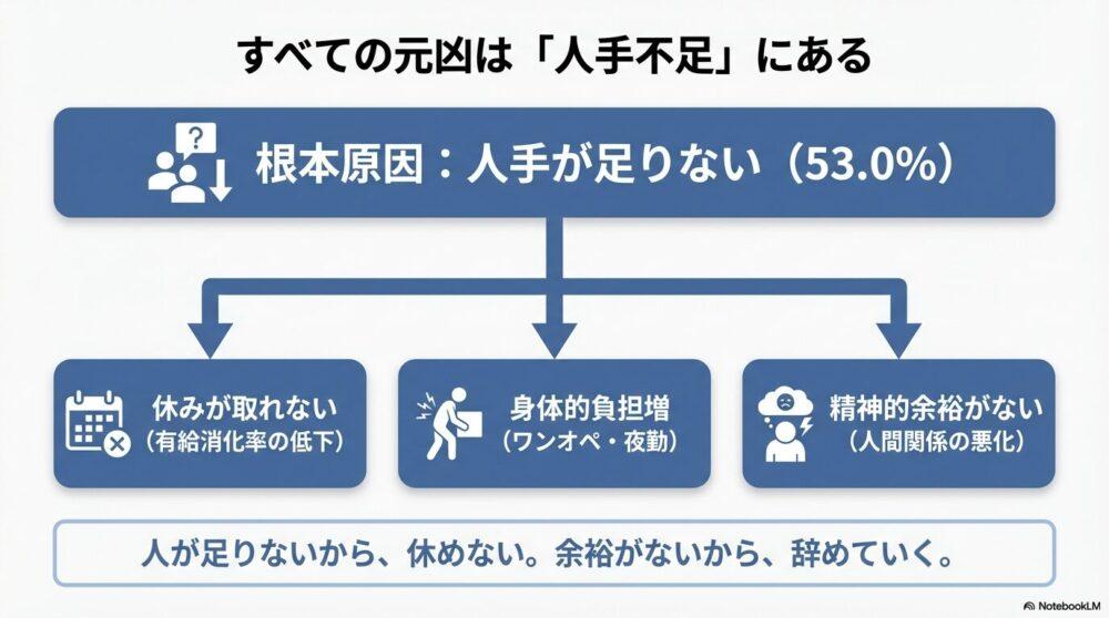 介護現場の人手不足により、さまざまな害があることを説明する図解
