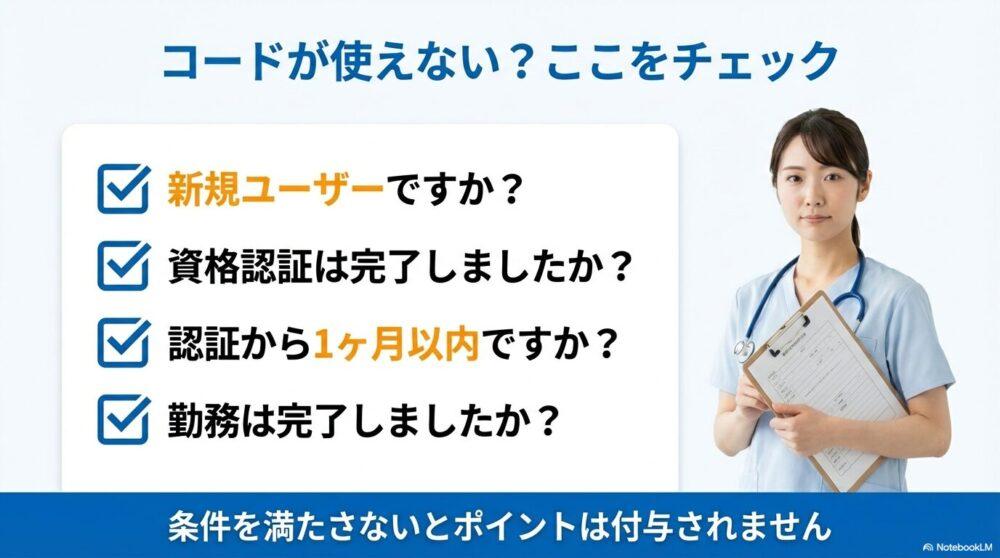 カイテク招待コードが使えない場合のチェックポイントを説明する図解