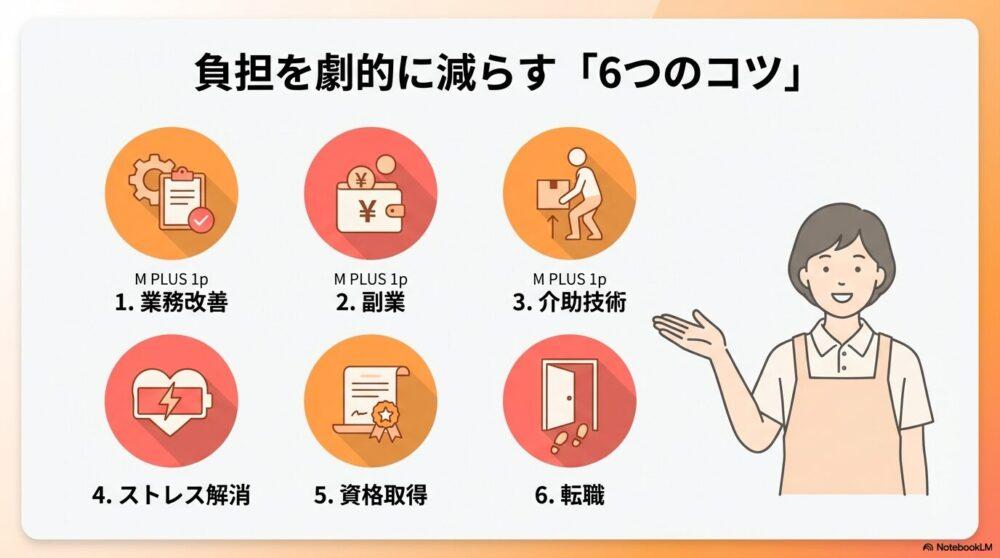 負担を減らすコツ6選を説明する図解