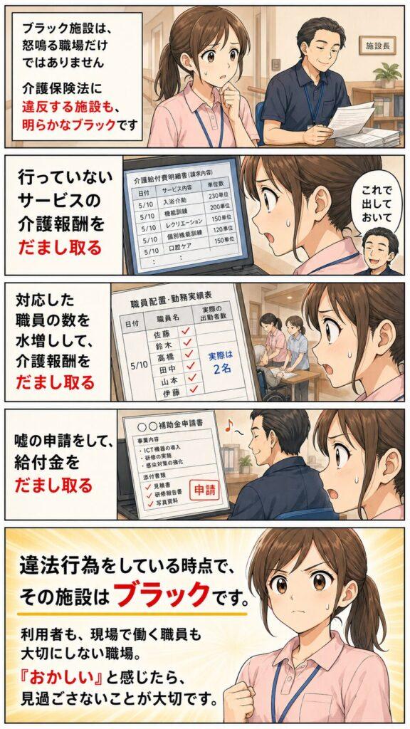 違法行為をしているブラックな介護施設を説明するマンガ