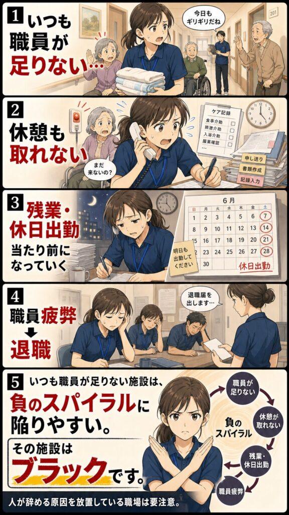 いつも職員が足りない施設がブラックな介護施設であることを説明するマンガ