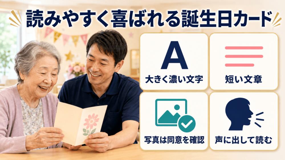 読みやすく喜ばれる誕生日カードを作るポイントを説明する画像