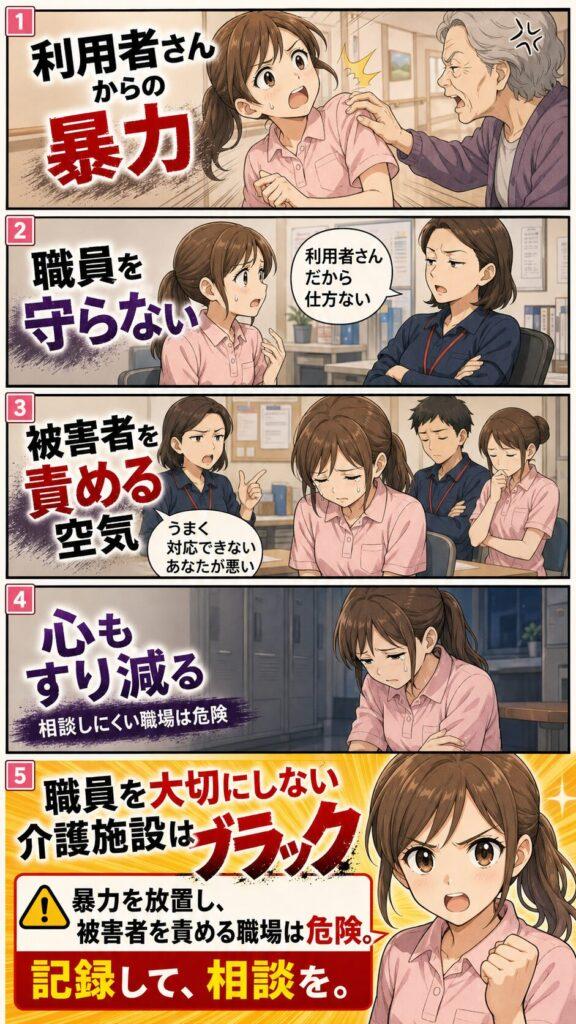 職員を大切にしていない施設がブラックな介護施設であることを説明するマンガ