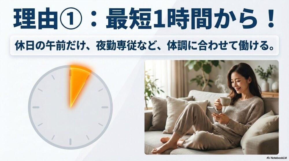 スキマ時間を有効活用できる：最短1時間からの勤務を説明する図解