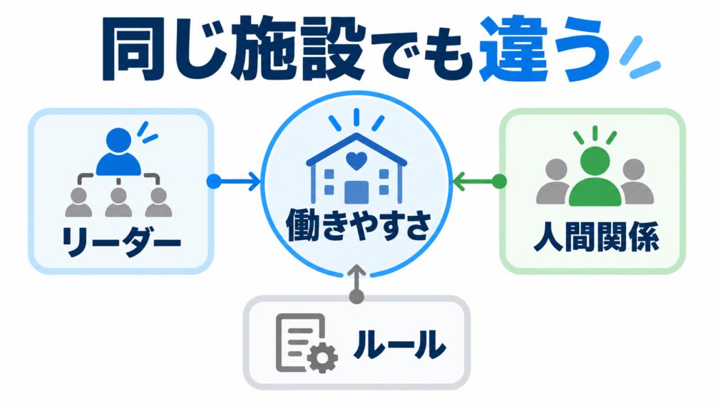 【同じ施設でも働きやすさが変わる3つの要素】