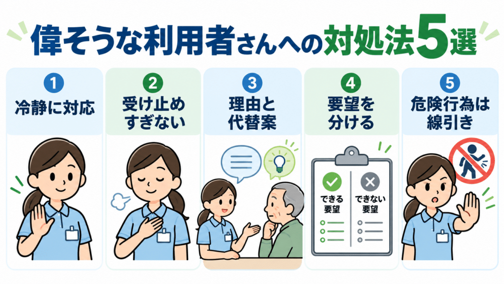 【利用者さんの態度別・5つの対応方法】
