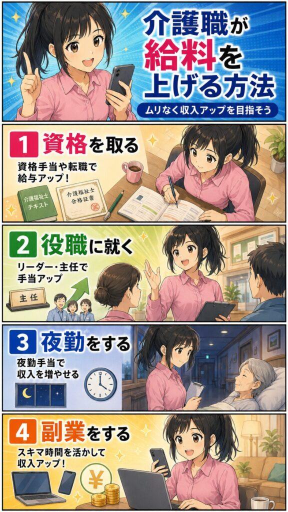 介護職が給料を上げる方法、資格を取る、役職に就く、夜勤をする、副業をする