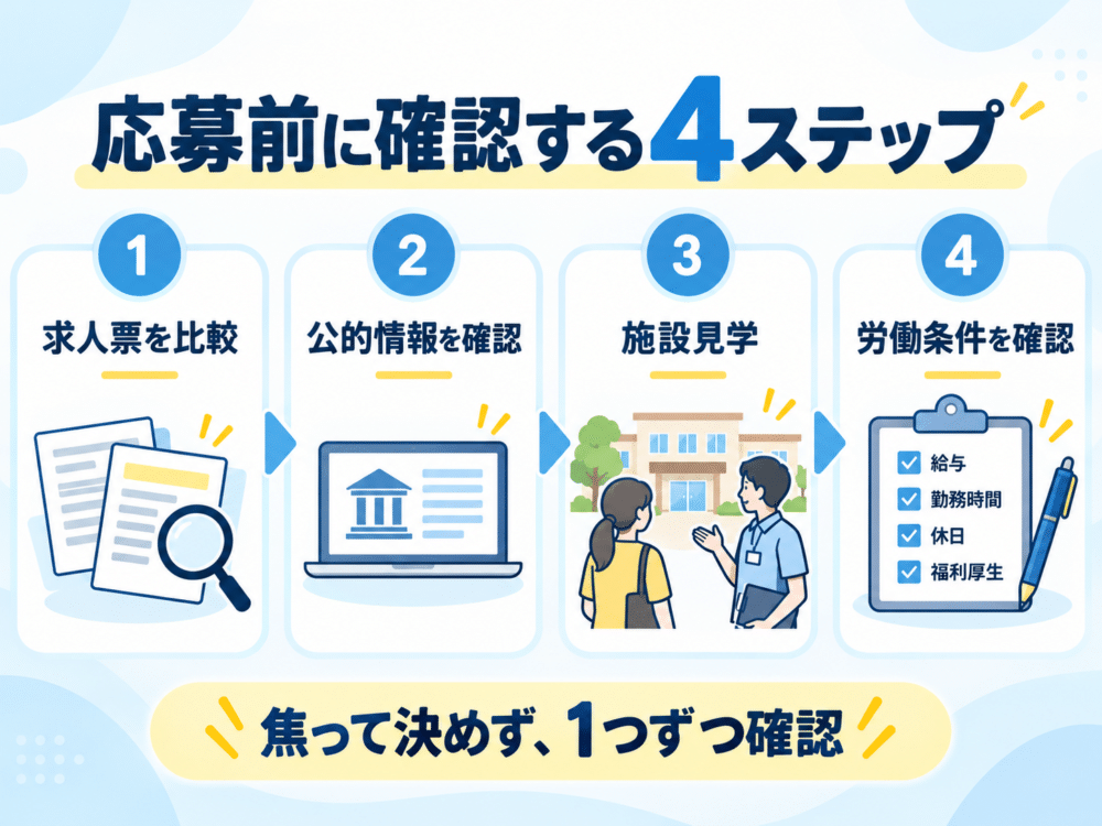【求人票の比較→公的情報→施設見学→労働条件の確認、の4ステップ図解】