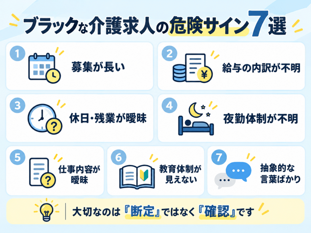 【ブラックな介護求人の危険サイン7選を、求人票の表現と確認項目で整理した図解】