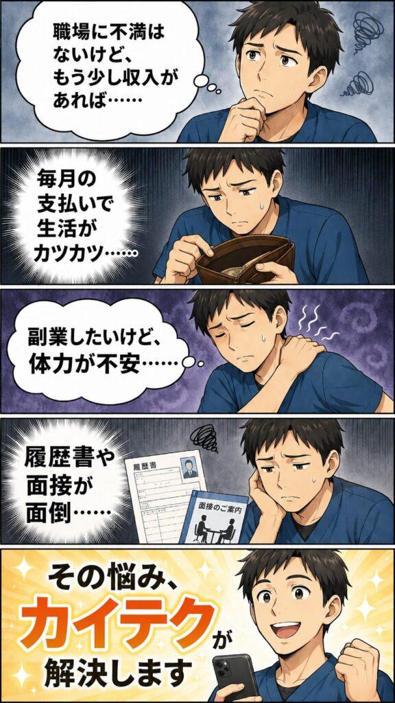 カイテクがお金に困る介護職をの悩みを解決することを説明する画像
