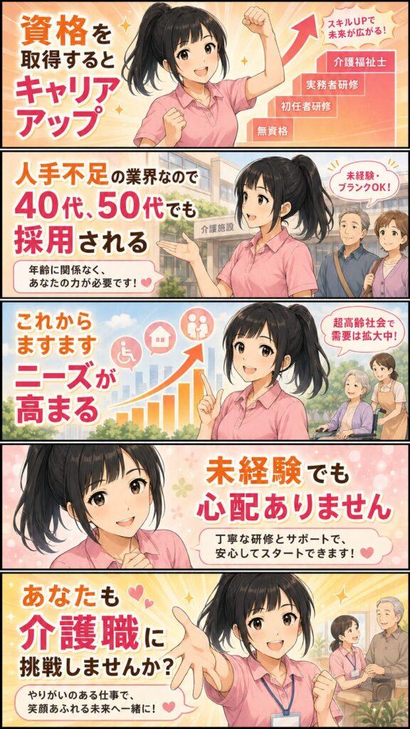 資格を取得するとこでキャリアアップできる、・人手不足の業界なので、40代、50代でも採用される、・これからますますニーズが高まる、・未経験でも心配ありません、・あなたも介護職に挑戦しませんか？というマンガ