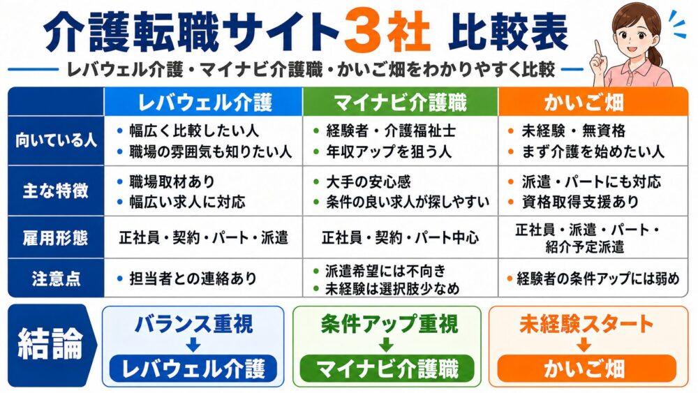 レバウェル介護、マイナビ介護職、かいご畑の比較表