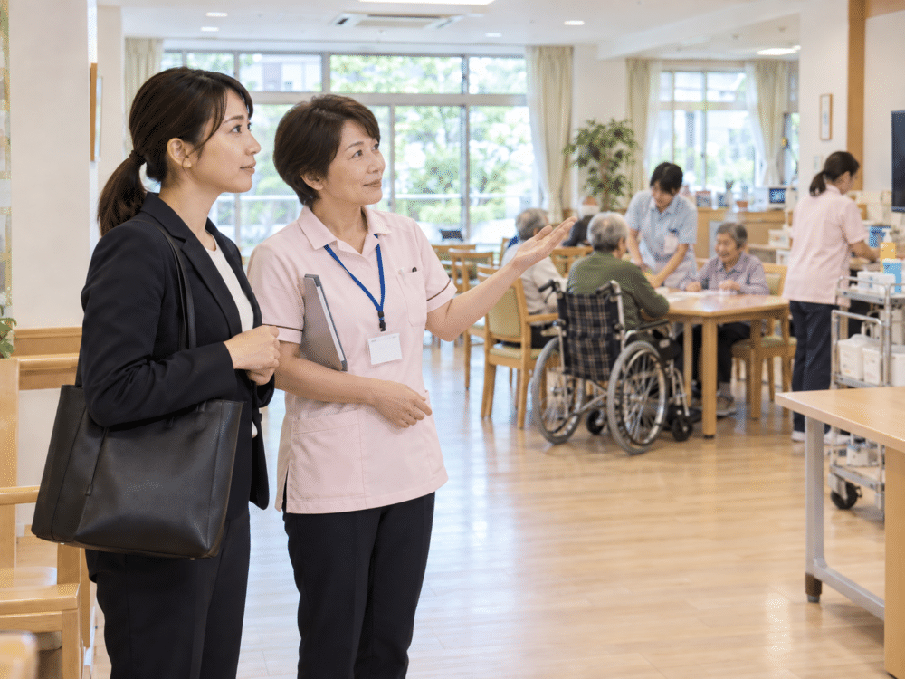 【介護施設の見学で、設備の使用状況や新人指導の様子を確認するイメージ】