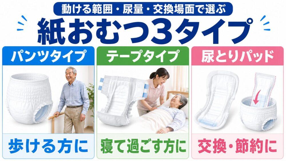 パンツタイプ・テープタイプ・尿とりパッドの違いを説明する画像
