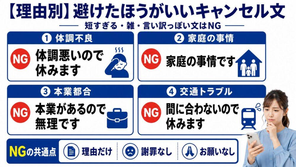 【理由別】避けたほうがいいキャンセル文を説明する画像