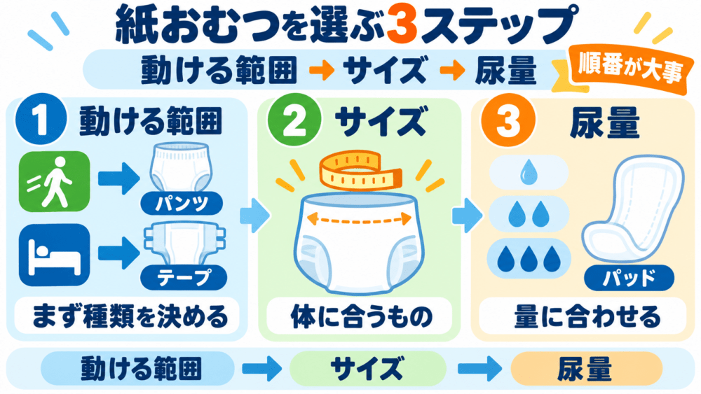 高齢者用の紙おむつを選ぶ3ステップ：「動ける範囲→サイズ→尿量」の順で選ぶを説明する画像