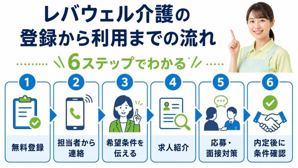 レバウェル介護の登録から利用までの流れ【6ステップ】の図解