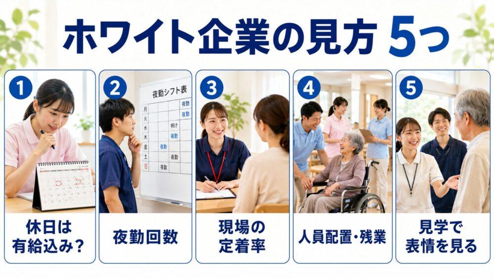 介護業界でホワイト企業を選ぶときの見方の図解