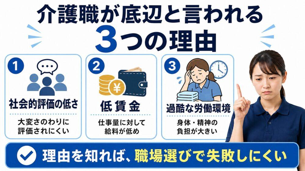 介護職が底辺と言われる3つの理由を説明する画像