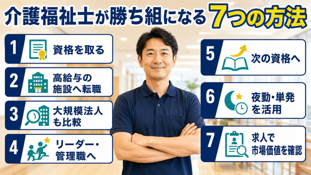 介護福祉士が勝ち組になる7つの方法を説明する画像