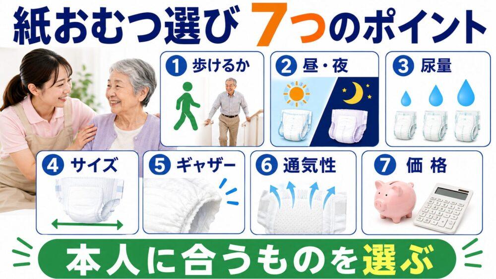 高齢者用紙おむつの選び方【7つのポイント】を説明する画像
