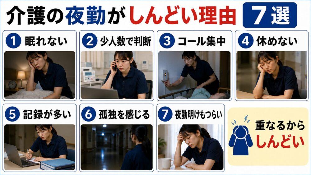 介護の夜勤がしんどい理由7選を説明する画像
