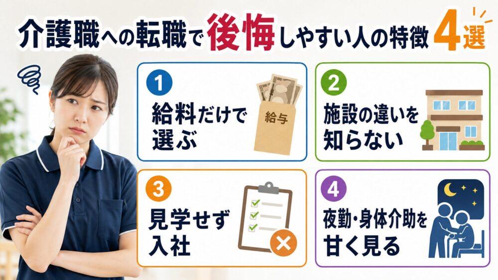 介護職への転職で後悔しやすい人の特徴を説明する図解