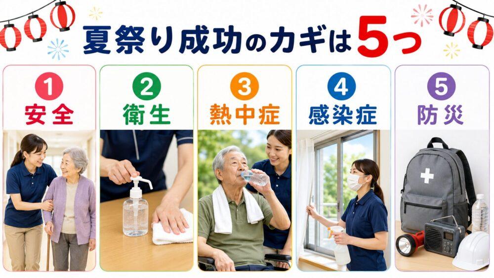 夏祭り成功のカギは5つ｜安全・衛生・熱中症・感染症・防災のイメージ画像