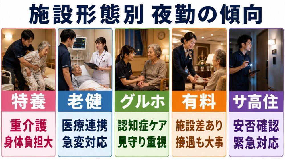 施設形態別の傾向：特養／老健／グルホ／有料／サ高住