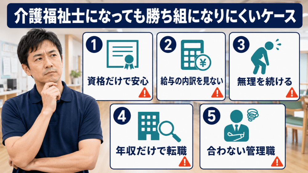 介護福祉士になっても勝ち組になりにくいケース5選を説明する画像